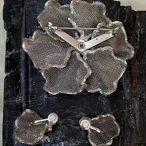 Vintage Bond Boyd sterling Silver blue Brooch and rhinestone earrings, Flowers